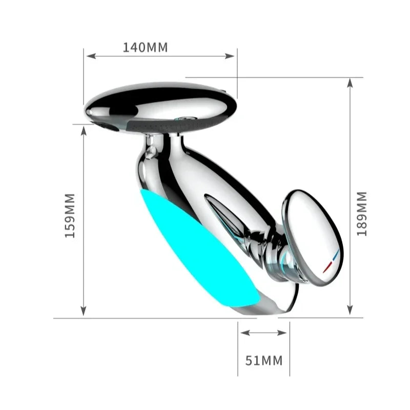 Haru Mallのクローム仕上げ水栓、寸法表示付き、モダンデザイン、浴室用